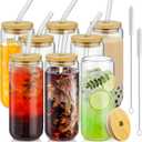 20 Oz Drinking Glasses with Bamboo Lids and Glass Straw - 8 Pcs Glass Cups Beer Ice Coffee Glasses Cute Aesthetic Cup Great for Coffee Bar Accessories Include 2 Cleaning Brushes
