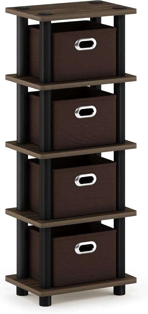 FURINNO Turn-N-Tube 4-Bins System Rack, Columbia Walnut/Black/Dark Brown (7.7"D x 11.3"W x 28.8"H)
