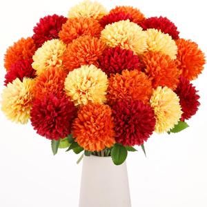 36 Pcs Orange Yellow Red Artificial Marigolds Faux Ball Chrysanthemum Flowers Bouquet Silk Fake Mums Floral Table Centerpiece for Mexican Fall Mexican Day of The Dead Home Decor