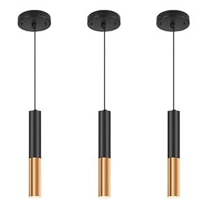 XIYAZG Modern Black Pendant Light Fixture for Kitchen Island, 1-Light Pendant Lighting, Lights Cord Adjustable, Matching GU10 lamp Holder,for Living Room Bedroom Dining Room (Black&Gold-3Pack)