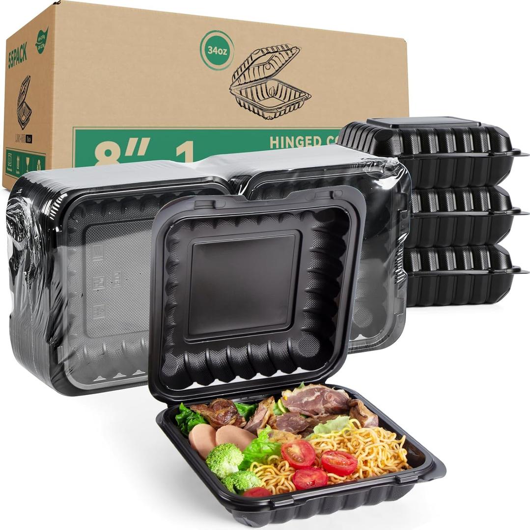 To Go Containers, BPA-Free Plastic Take Out Boxes with Lids 55-Pack 34oz MFPP Reusable Meal Prep Container for Food Storage Takeout, Hinged Clamshell Design for To-Go Lunch Salad Breakfast (8" Black 1 section togo box)