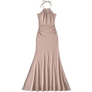 Women Sexy Knitting Viscose Cotton Lacing Up Spaghetti Straps Folded Ruched Slim Waist Midi Long Mermaid Dress Pnnrk L