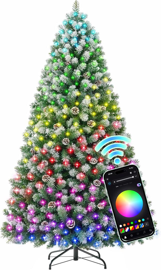 HOLLO STAR 6 ft Prelit Christmas Tree with 250 LED Lights, App Control, Artificial Christmas Tree, Multi-Color RGBW Lights, 914 Flocked Frosted Tips, 58 Pine Cones, Metal Base, for Home, Party
