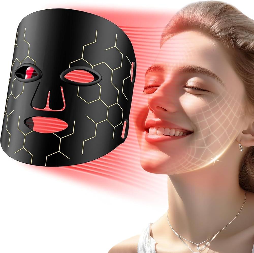 Red Light Photon Facial & Neck Mask with Remote Control, 7 Custom Modes with Infrared, Portable & Rechargeable with Timer for Home Use, 850nm Infrared & Red Light Masks, Black