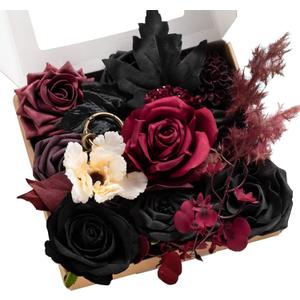 Ling's moment Fake Flowers Box, Faux Artificial Greenery Stems Foam Roses Dahlia Silk Maple Leaf Fabric Flower for Centerpieces Bouquet Wedding Vase Floral Decorations, Burgundy & Black, Mini Combo