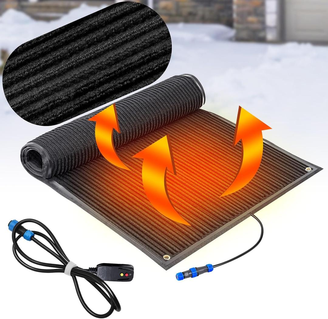 Baquler 1 Pcs 40 x 60 inch Heated Snow Melting Mat Non-Slip Heated Outdoor Mat Electric Snow Melting Melts up to 3 Inch/ H with 9.84 ft Power Cord for Winter Ice Removal Walkway Stairs Sidewalk, Black