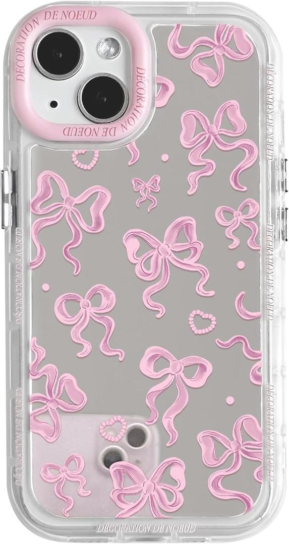NITITOP Compatible with iPhone 15 Plus Case Cute Mirror Bow Love Heart Pattern for Women Girls Ribbon Design Shockproof Silver Protective Phone Cover - Pink Bow