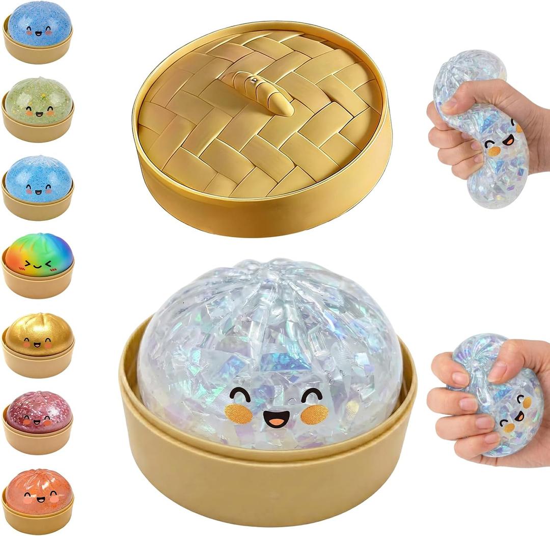 Glitter Dumpling Squishy,Dumpling Squishy Mystery Box,New Glitter Dumplings Squishies with Steamer,Dumplings Sensory Squeeze for Stress Relief,Soft Squeeze Decompression Dough