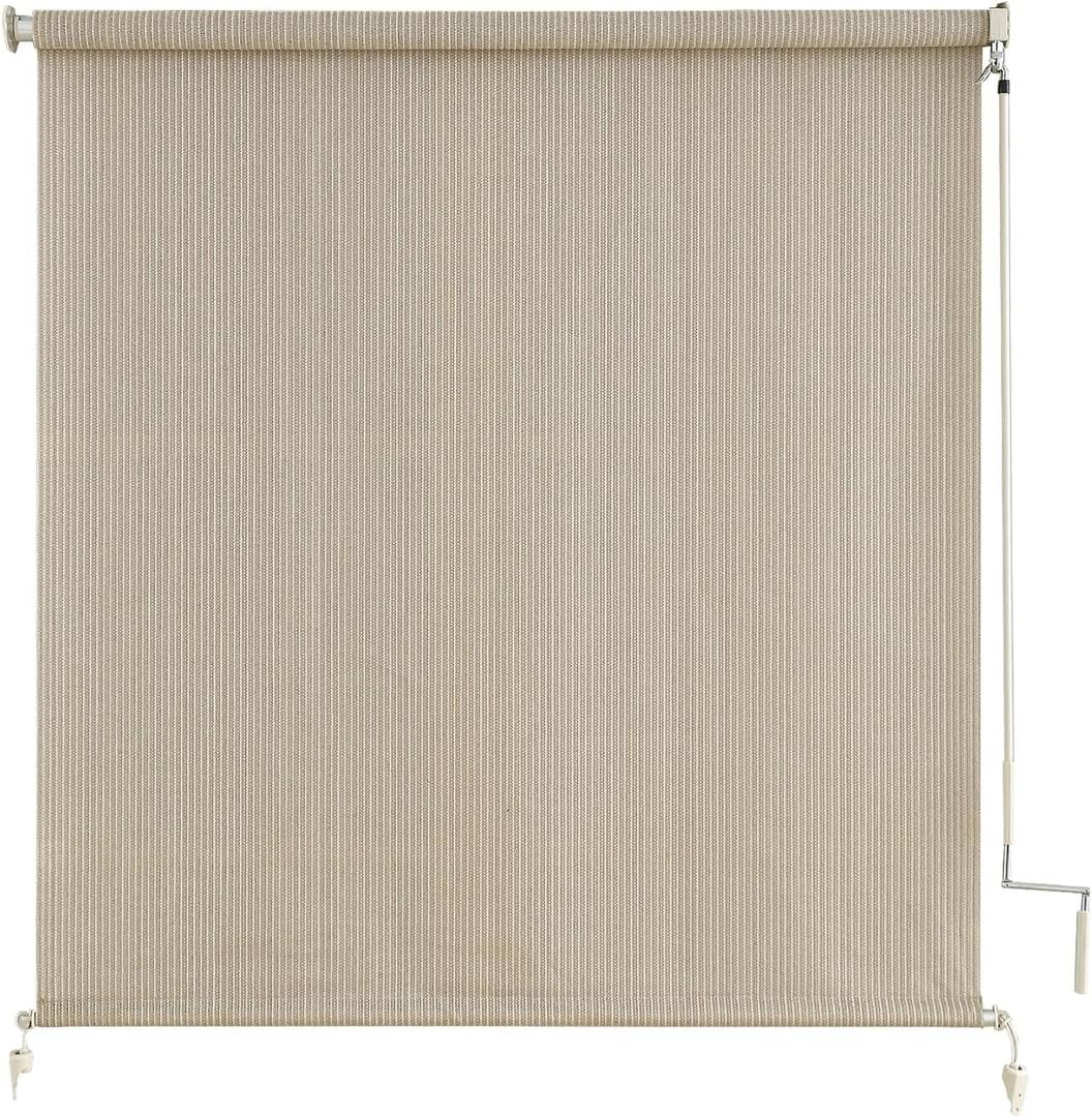 sunoff Outdoor Roller Shades, Cordless Patio Roller Up Blinds with Shade Cloth for Porch Gazebo Pergola Balcony Backyard, 2 Poles & 1 Fabric, Sesame, 84" Wx72 H