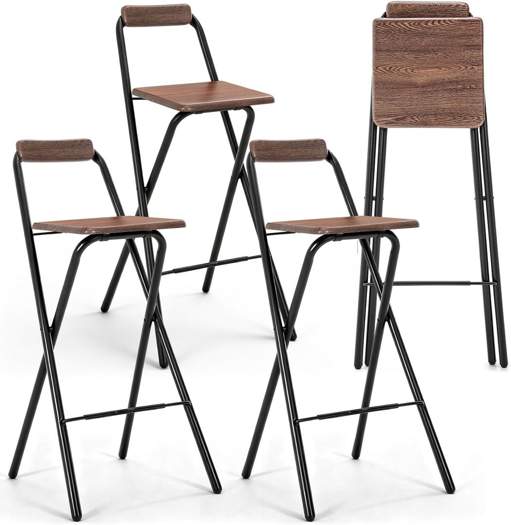 4 Pcs Folding Bar Stool with Backrest 29.5 Inch Portable Tall Foldable Stool Chair Metal High Folding Bar Chair Wooden Seat for Bars, Kitchen, Outdoor Shop, Parties, Cafes Walnut Color