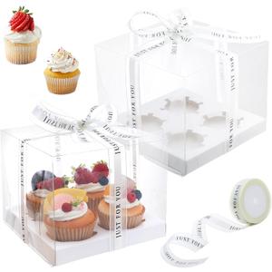 5 Pcs clear cupcake boxes with complimentary gift ribbon, 4 Count cupcake container, plastic cupcake carrier, for desserts muffins for Easter and Mother's Day (White, 4 Counts/5 pcs)