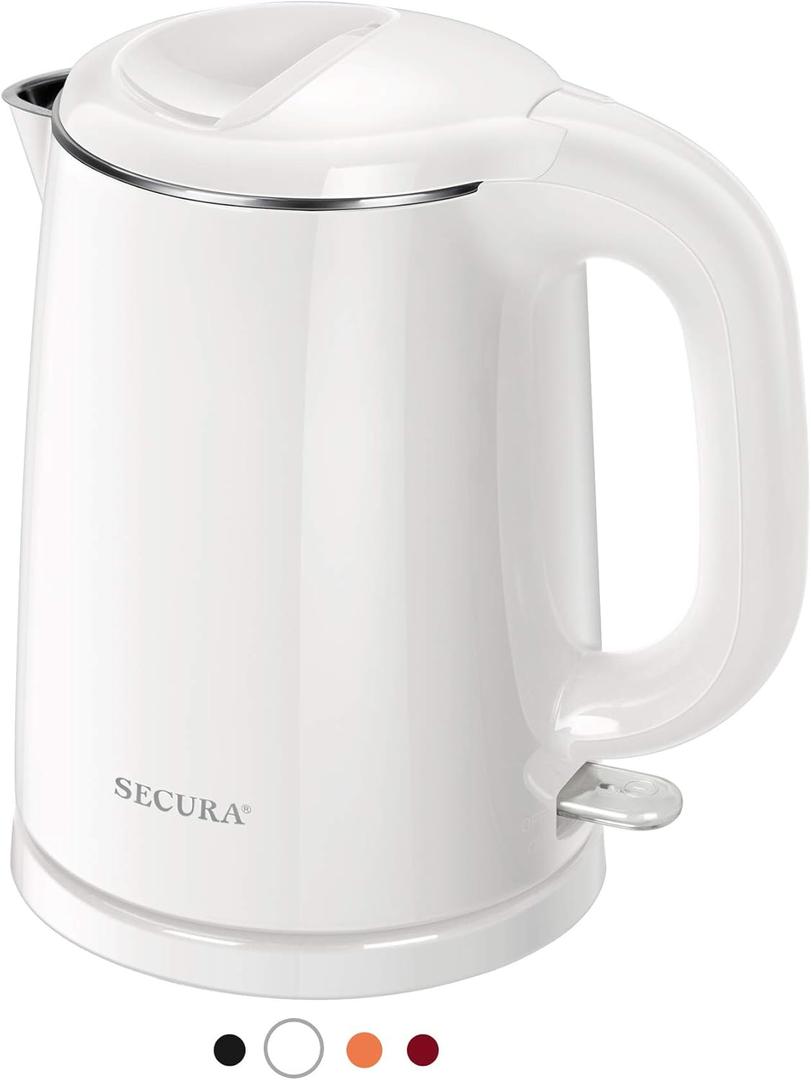 Secura Stainless Steel Double Wall Electric Kettle Water Heater for Tea Coffee w/Auto Shut-Off and Boil-Dry Protection, 1.0L (White) SWK-1001DW/HB-K012