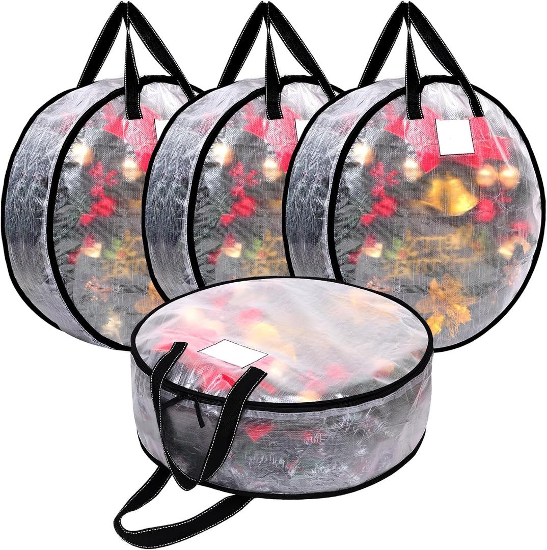 Dntorx 4 Pack Clear Christmas Wreath Storage Container, 30 x 8 Inch Wreath Storage Bag with Sturdy Handle and Dual Zip