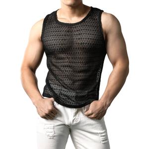 JOGAL Mens See Through Lace Shirts Sleeveless Muscle Tops (Black, S)