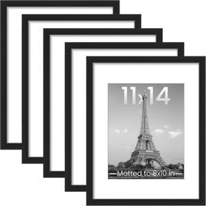 Ppsimples 11x14 Picture Frame Set of 5, Display Pictures 8x10 with Mat or 11x14 Without Mat, Wall Gallery Photo Frames, Black