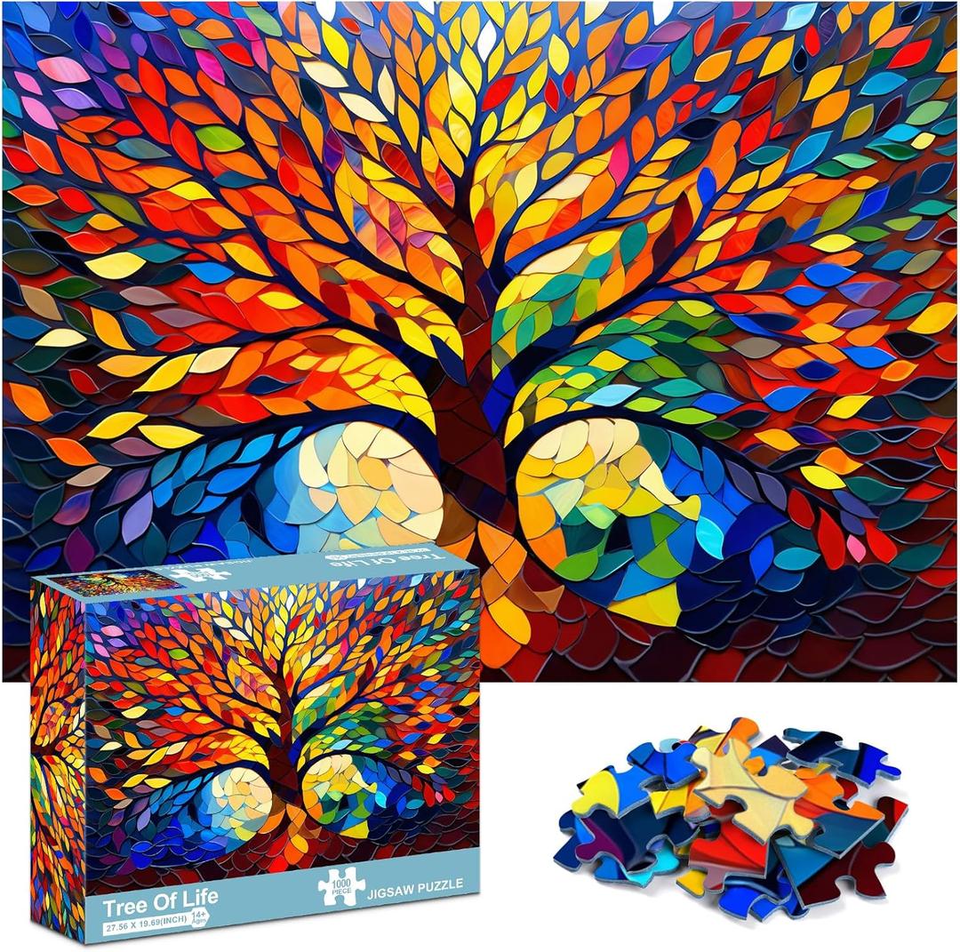 crowm Tree of Life Jigsaw Puzzles 1000 Pieces, Stained Glass Tree Puzzles Difficult for Adults Mosaic Plant Challenging Puzzle as Home Decor