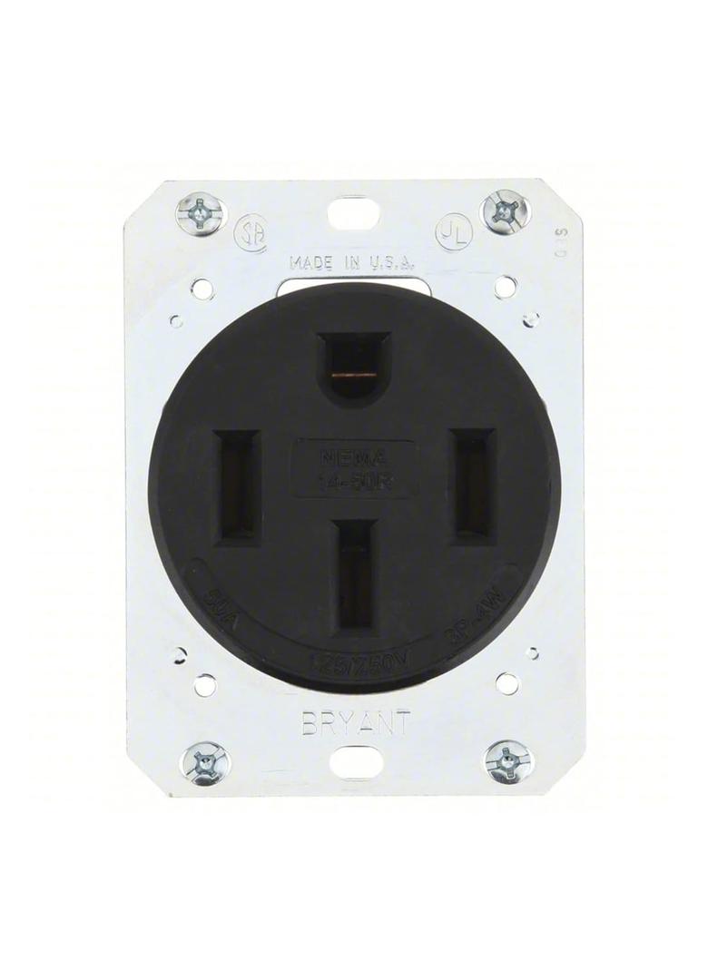 Bryant 9450FR Industrial Grade 50 Amp NEMA 14-50 Receptacle, Made in USA, Single Flush, 3 Pole 4 Wire Grounding 125/250V, Black