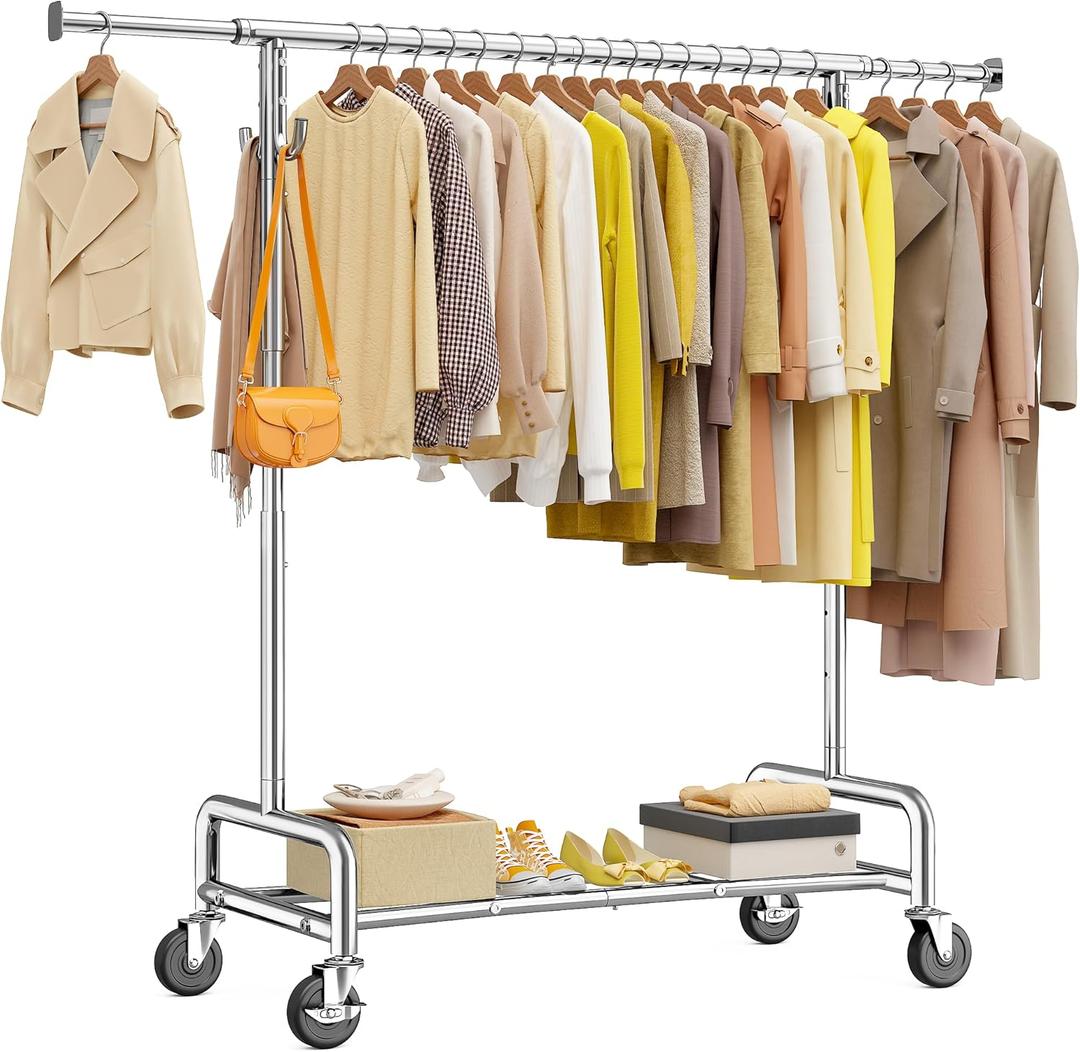 Raybee Heavy Duty Clothes Rack 75" Extra Wide, 450 LBS Clothing Rack with 4 Hooks, Lockable Wheels, Metal Garment Rack for Bedroom, Laundry Room, Commercial (Chrome)