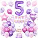 5th Pink Purple Birthday Decorations,Pink Purple 5th Birthday Balloons for Girls Lavender Party Decor Banner Number 5 Balloons Cake Topper Butterfly Party Decorations for 5 Year Old Girls