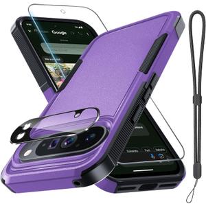 for Google Pixel 10 Pro XL Case with Wrist Lanyard Strap+Tempered Glass Screen Protector+Camera Lens Cover,Full Body Heavy Duty Rugged Shockproof Protective Phone Cover,Lavender