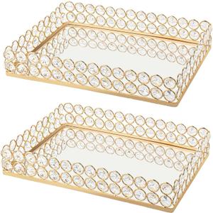 KEHAIL 2 Pcs Gold Metal Crystal Mirror Tray - 11.2"x8.1" Table Centerpieces Tray, Multi-Functional Display for Flowers/Cupcakes/Jewelry, Vanity Organizer & Wedding Dessert Table Accent