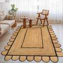 GRUHUM Jute Area Rug 5'x8' ft Scalloped Rectangular Natural Base Black Trim Handwoven Boho Reversible Soft Braided Farmhouse Rugs Indoor EcoFriendly Livingroom Bedroom Kitchen Hallways Enterways 5x8ft
