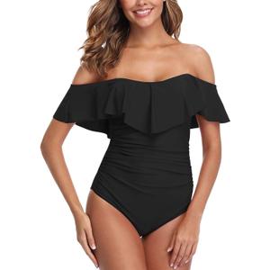 ZINPRETTY Women's Retro One Piece Bathing Suit Tummy Control Off Shoulder Swimsuit Flounce Ruffled Monokini Full Coverage (Large)