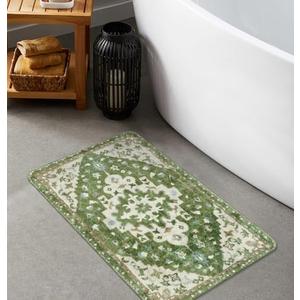 Uphome Vintage Tribal Bath Mat Sage Green Boho Non-Slip Bathroom Rug Oriental Soft Machine Washable Bathroom Mat Cute Aesthetic Floral Bath Mats for Bathroom Decor for Sink Tub Door Mat, 18x25 inch