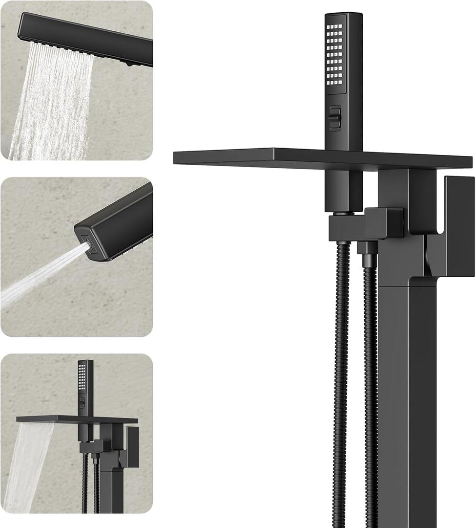 Freestanding Bathtub Faucet with Handheld Sprayer, Matte Black Floor Mount Tub Filler, High Flow Waterfall Brass Bath Shower Faucet for Modern Bathroom sink