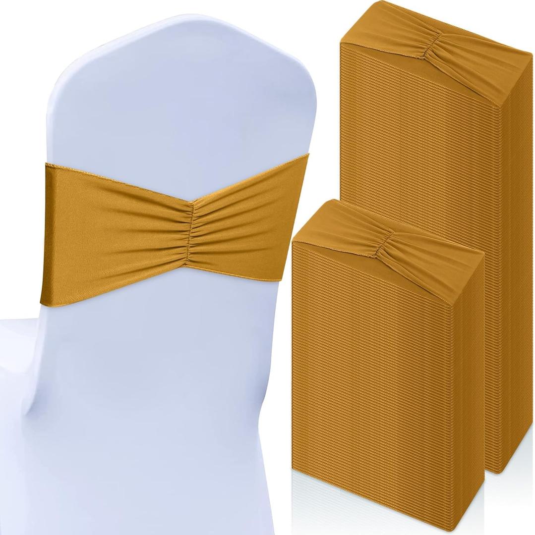 100 Pcs Spandex Chair Sashes Bows Bands Slider Sashes for Chair Covers Elastic Bands Ties Ribbon Decorations for Wedding Party Events Ceremony Birthday Banquet(Gold)