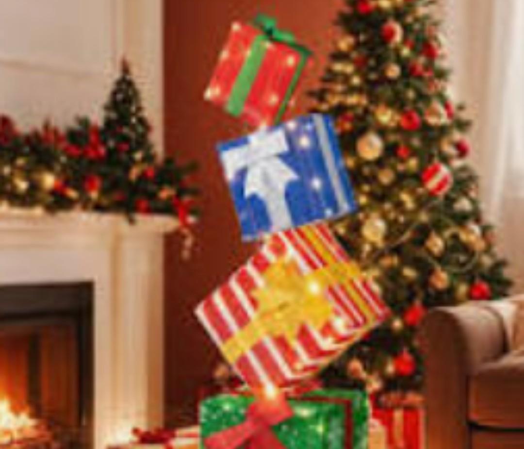 Tangkula Lighted Box Tower, Pre-Lighted Stacked Boxes with Warm White Lights, Metal Base, Ribbons and Bows, Indoor and Outdoor Lighted Gift Box Decoration (Size