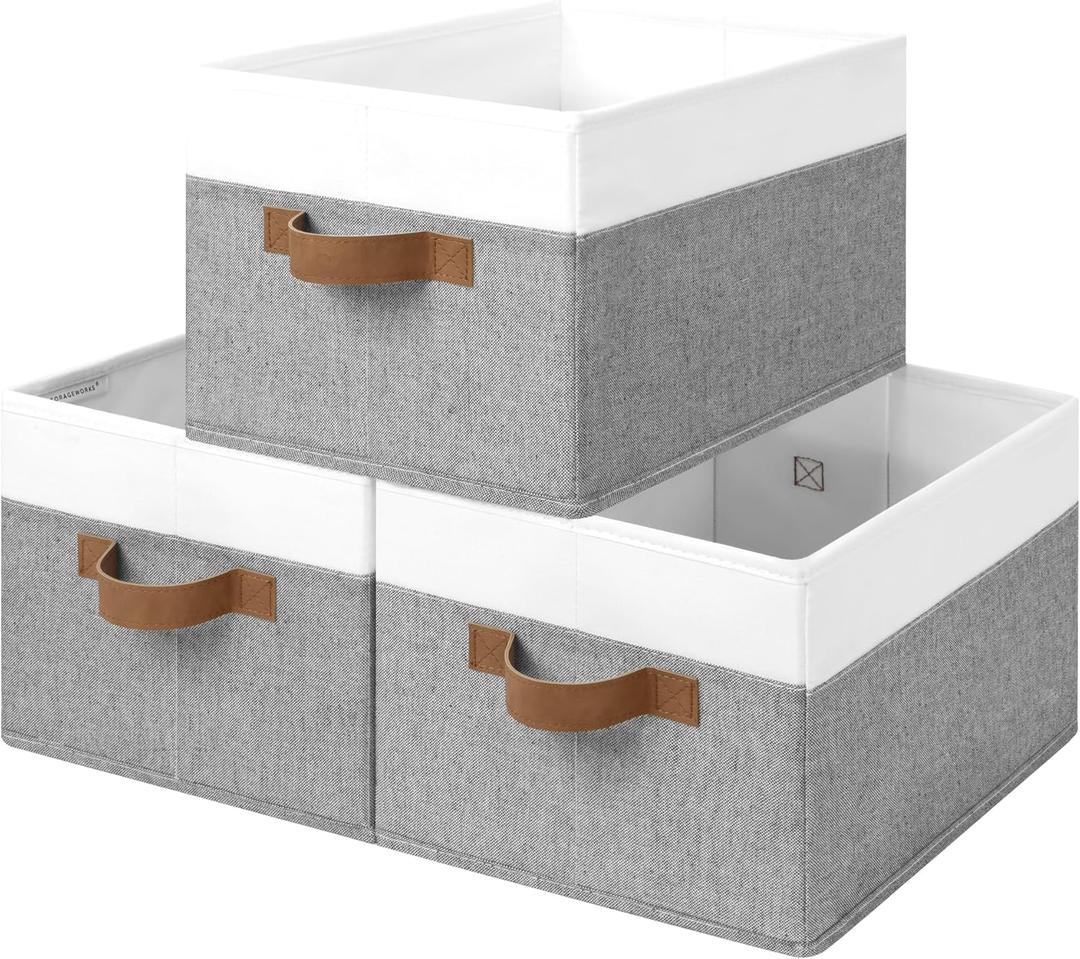 StorageWorks Fabric Shelf Baskets, Closet Organizers and Storage Basket, Foldable Storage Bins for Shelves, Clothes Storage Bins, Gray and White, 3-Pack, Large