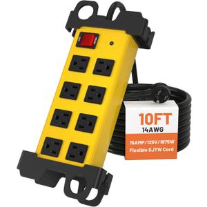 8 Outlet Heavy Duty Power Strip, 2700J Surge Protector with 10FT Extension Cord, Industrial Metal Powerstrip 15Amp, Wall Mount for Garage, Workshop, Home Office, Wide Spaced (10ft)