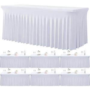 6 Pack Spandex White Table Clothes for 6 Foot Rectangle Tables, Wrinkle Free Stretch Table Cloths 6ft Fitted Tablecover Desk Skirt for Birthday Parties Wedding Banquet Baby Shower