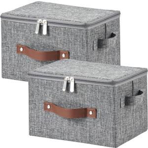 2 x 2 Pack Storage Bins with Zipper Lid Cotton Linen Fabric Lidded Storage Baskets Boxes Foldable Washable Closet Shelf Clothes Organizer Container with PU Leather Handles (Gray, Small Size)