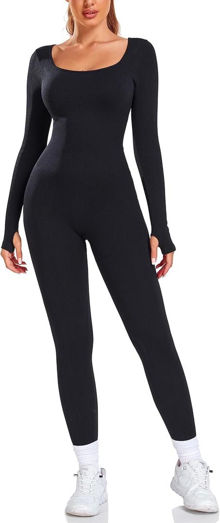 Women's Workout Jumpsuit Yoga Ribbed One Piece Outfits Athletic Tummy Control Long Sleeve Jumpsuit (Black, M)