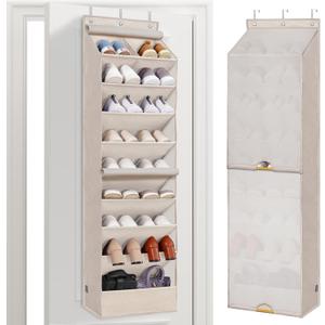 STORAGE MANIAC Over the Door Shoe Organizer with Curtain Dustproof Heavy-Duty Large Deep Pocket Hanging Shoe Organizer for Closet Dorm & Narrow Door Storage Shoe Holder Shoe Rack, 9-Shelf Beige 1 Pack