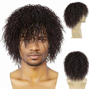 GNIMEGIL Dark Brown Curly Wigs for Men 12inch Short Wig with Bangs Big Volume Male Wigs in Synthetic Hair Fluffy Wave 70s 80s Punk Cosplay Costume Party