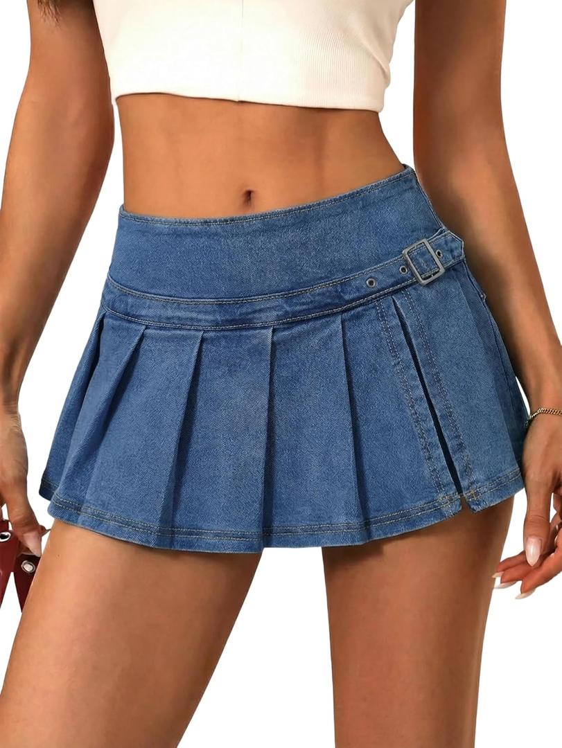 EMMIOL Denim Mini Skirt for Women - Mid Waisted Stretch Side Zipper Skort Y2k Casual Jean Skirts with Shorts Underneath, Dark Blue-055, M