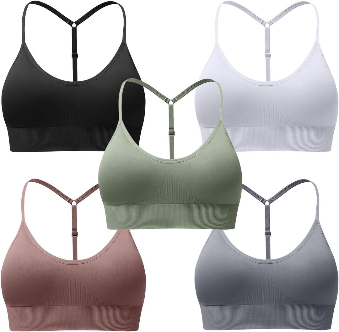 Women's Sports Bras Adjustable Y Back Spaghetti Strap Racerback Padded Wireless Yoga Workout Tops (Medium, Black White Grey Green Brown 5 Pack)