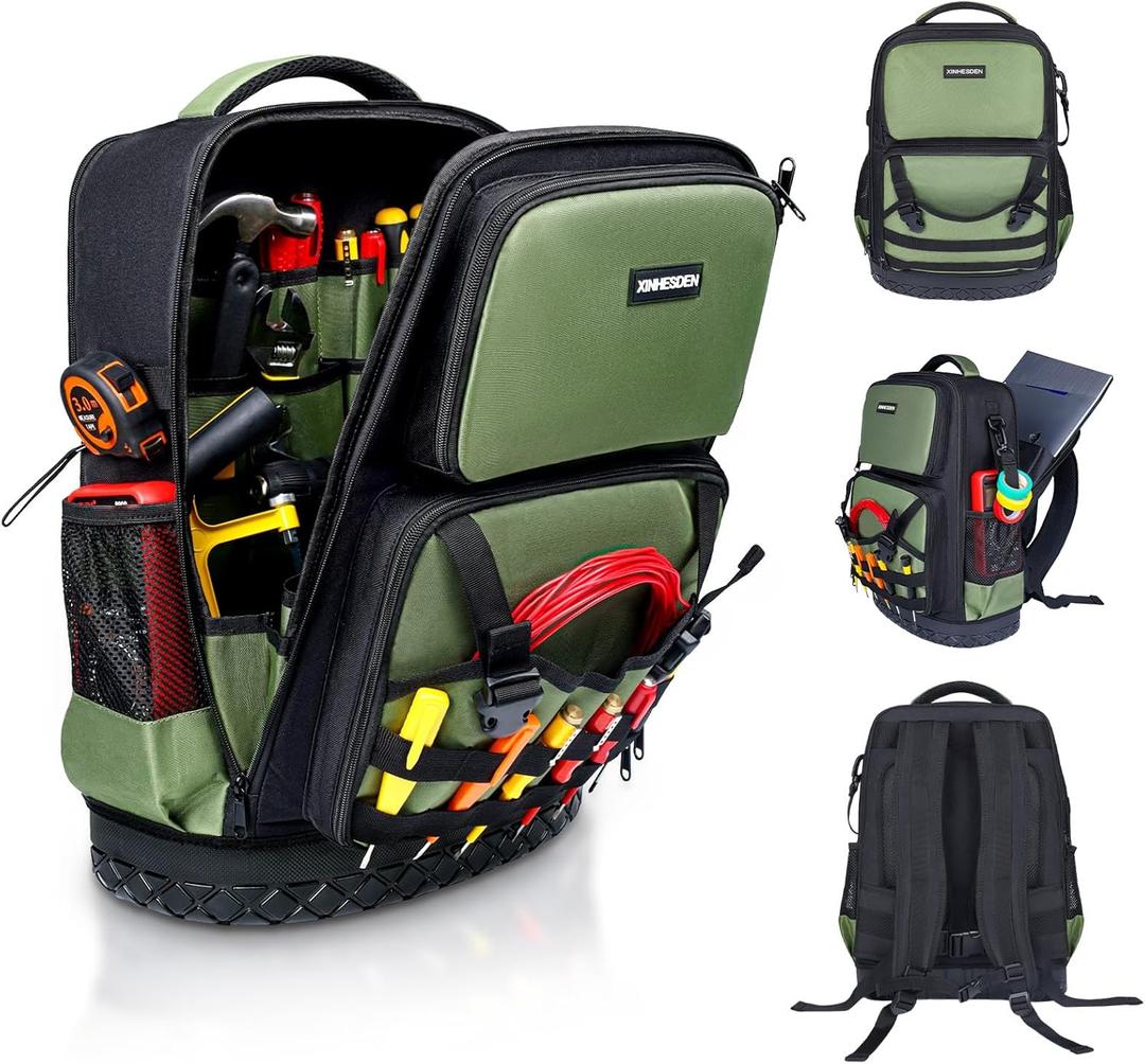 Tool Backpack Heavy Duty, Tool Bag Backpack For Men, Large Empty Toolbag Organizer with Waterproof Molded Hard Bottom, Utility Tool Laptop Storage Back Pack, HVAC Technician Electrician Construction