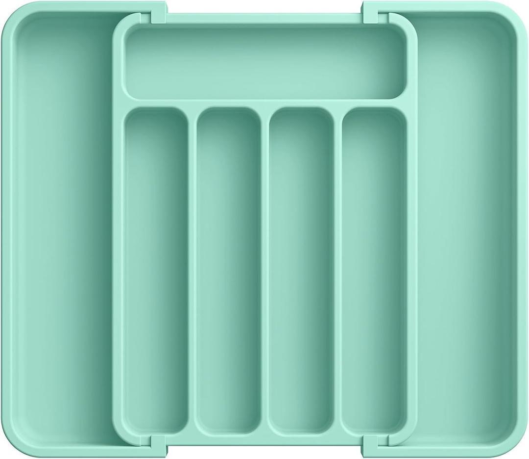 Aujen Silverware Organizer - Expandable Kitchen Drawer Organizer, Adjustable Utensil Organizer, Cutlery Tray for Forks, Knives, Multipurpose Kitchen Organizers and Storage Solution, Green, Medium