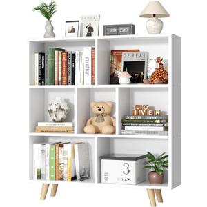 Shintenchi Cube Storage Organizer, 3 Tier Mid-Century Bookcase with Legs Cubeicals Retro Wood Organizer Storage Bookcase, Freestanding Open Book Shelves for Bedroom,Living Room,Office(White)