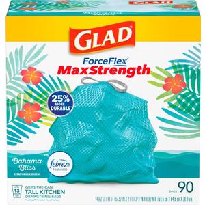 Glad ForceFlex MaxStrength Kitchen Trash Bags, 13 Gal, Bahama Bliss Febreze, 90 Ct 