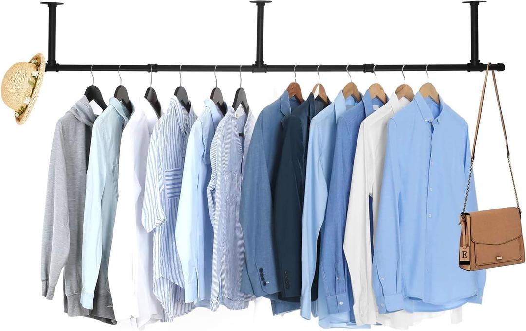 Oroonoko Industrial Pipe Clothes Rack, Heavy Duty 60inch Iron Garment Rack Ceiling Mounted, Rustic Saving Space Clothes Bar Multi-Purpose Hanging Rod for Bedroom, Closet, Laundry Room and Plants hanging (Black-HangStyle)