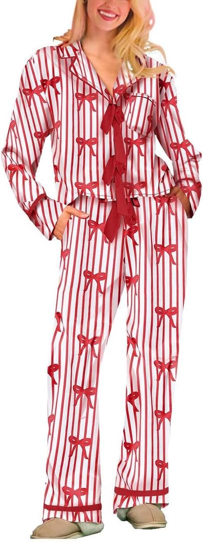 Lordree Women Silk Christmas Pajamas 2 Piece Satin Ribbon Tie Front Pjs Xmas Long Sleeve Shirt Pants Lounge Set Sleepwear (Medium, Striped Bow Red)