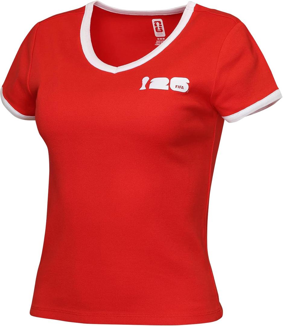 Outerstuff FIFA World Cup 2026 Womens Event Short Sleeve V-Neck Baby Tee, Red, Small