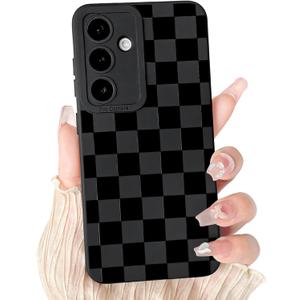 KANGHAR Compatible with Samsung Galaxy S25 Plus Case, Silicone Checkered Cute Pattern, Camera Protection Soft Slim Phone Case for Girls Women -Black