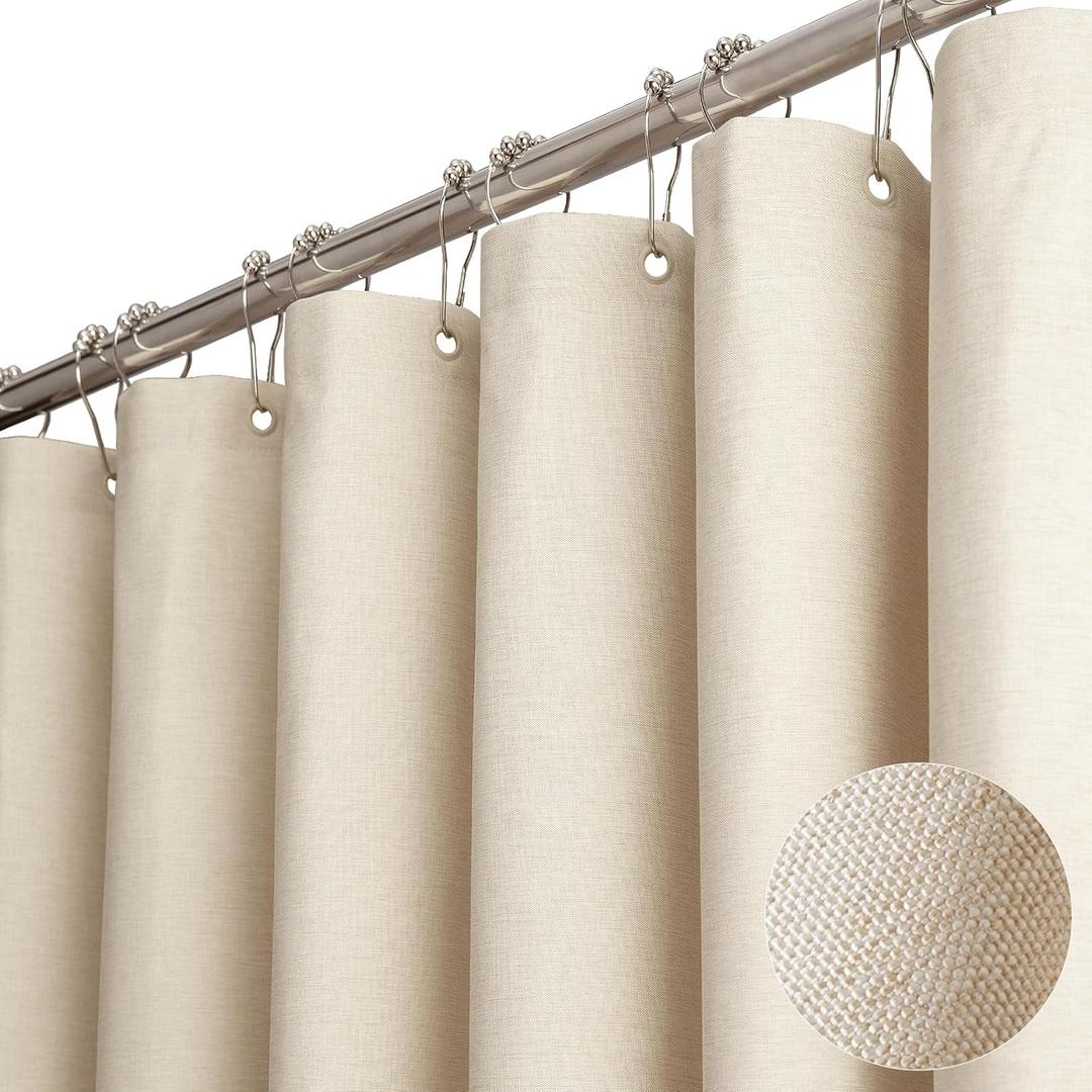 Extra Long Fabric Shower Curtain, 84 Inch Linen Textured Heavy Duty Cloth Shower Curtain Set with 12 Plastic Hooks, Large Hotel Luxury Polyester Shower Curtains for Bathroom(72"x84", Beige/Cream)