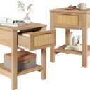 IBUYKE Rattan Nightstand Set of 2, Boho Night Stand with Drawer, Wood Bedside Tables with Storage Shelf, End Table with Legs for Bedroom, Natural UWNS011N-2